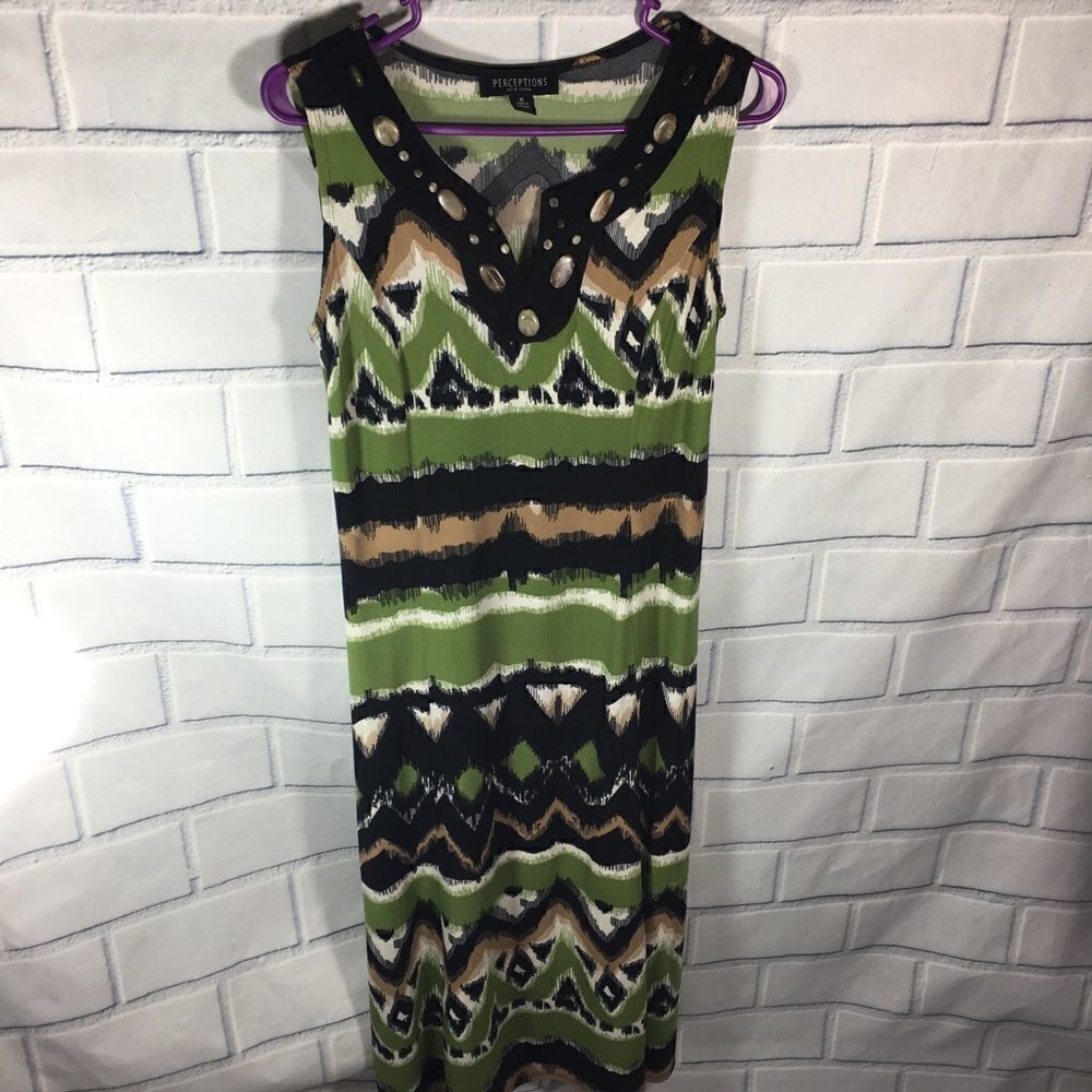 PERCEPTIONS NY Sleeveless Green Black Midi Career Dress Plus Size 6
